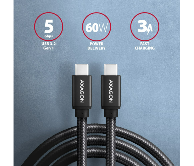 AXAGON BUCM3-CM15AB Kabel USB-C - USB-C, 1.5m, PD 60W, 3A, ALU, oplot czarny - 1485421 - zdjęcie 5